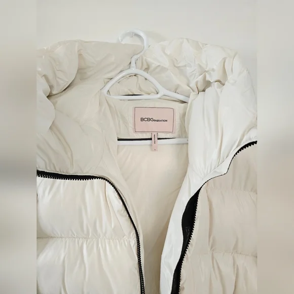 BCBG Generation Off White Black Long Puffer Parka Coat Jacket Size L - Picture 3 of 12